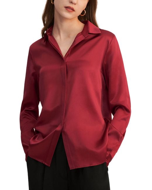 LILYSILK Red Basic Concealed Placket Silk Shirt