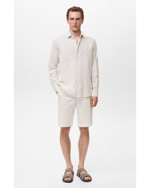 Mango White Regular Fit Cotton & Linen Button-Up Shirt for men