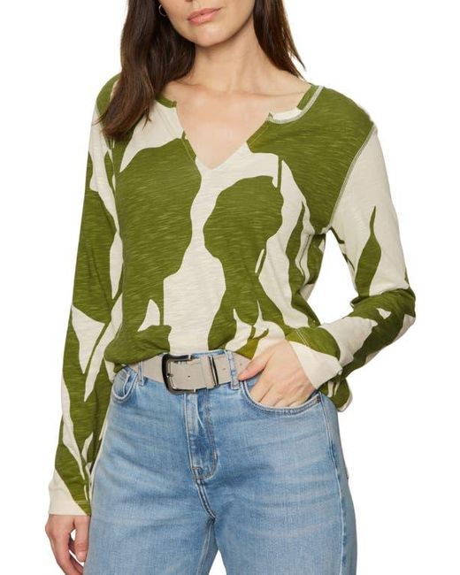 Sanctuary Green Print Split Neck Knit Top