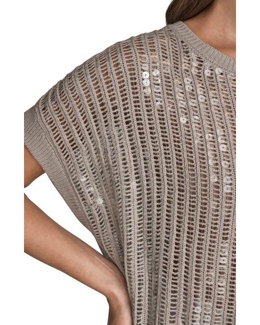 Donna Karan Gray Sequin Open Stitch Short Sleeve Sweater