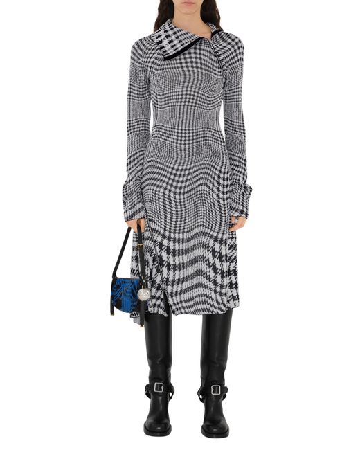 Burberry Gray Warped Houndstooth Jacquard Asymmetric Long Sleeve Wool Blend Midi Dress