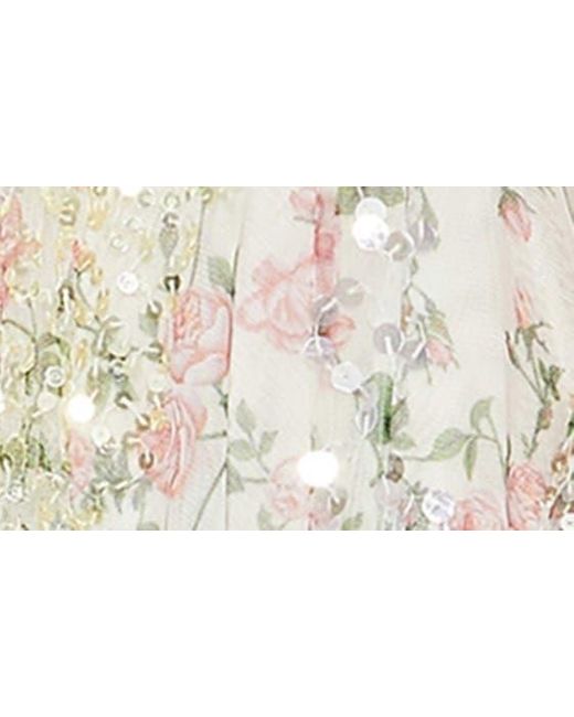 Mac Duggal Natural Sequin Floral Long Sleeve Cocktail Midi Dress