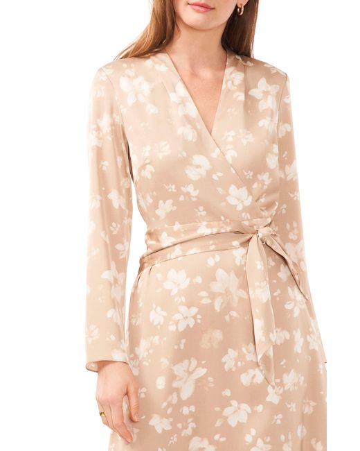 Halogen® Natural Halogen(r) Floral Long Sleeve Satin Midi Dress