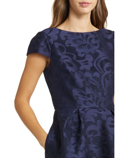 Eliza J Blue Metallic Floral Jacquard Fit & Flare Dress