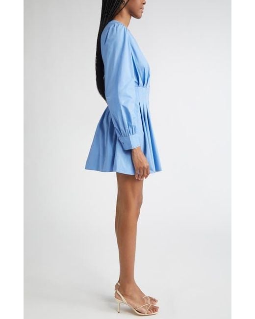 Ramy Brook Blue Julianna Pleated Long Sleeve Poplin Minidress