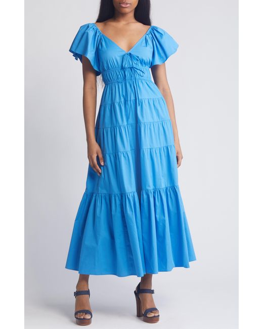 Moon River Blue Flutter Sleeve Tiered Stretch Cotton Maxi Dress