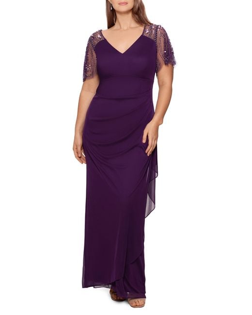 xscape pleated mock neck chiffon gown