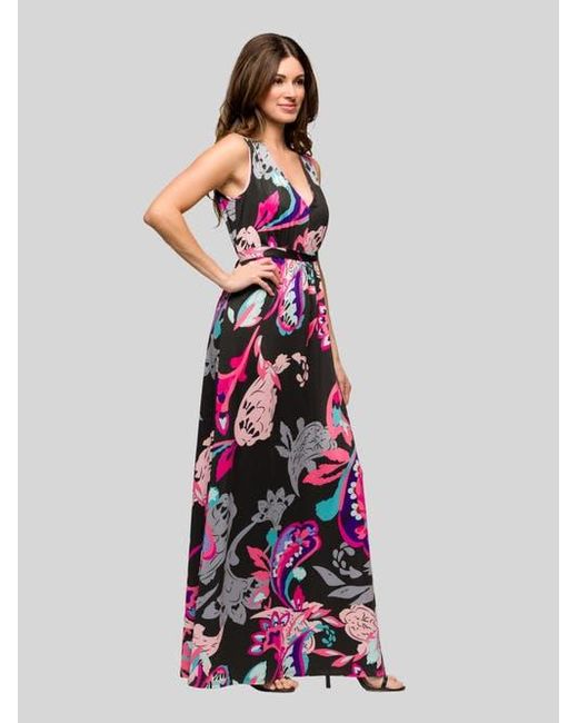 24seven Comfort Apparel White And Print V-Neck Empire Waist Sleeveless Maxi Dress