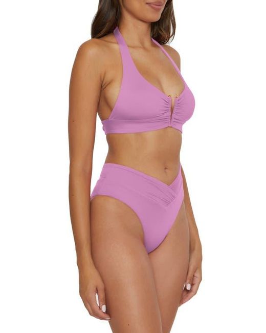 Becca Purple Shirred V-Wire Halter Bikini Top