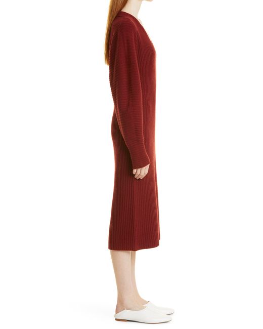 Vince Red Ribbed Plunge Neck Long Sleeve Wool Blend Dress In 528cur-currant At Nordstrom Rack