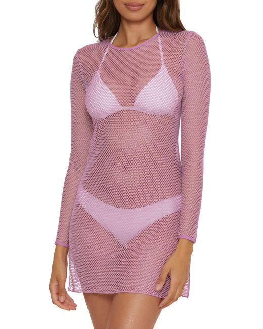 Becca Pink Network Metallic Long Sleeve Sheer Mesh Cover-up Minidress