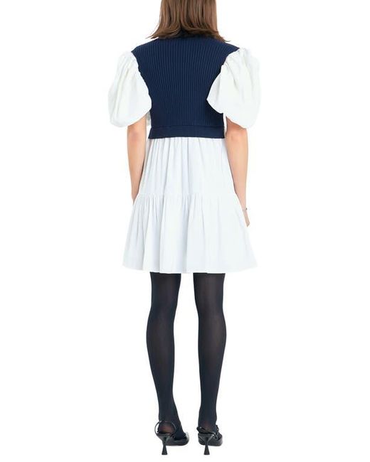English Factory Blue Puff Sleeve Mixed Media Sweater Dress