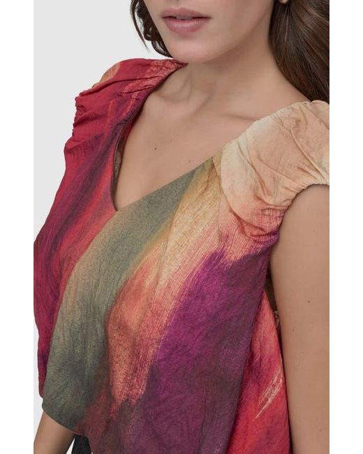 DKNY Red Print Rumpled Voile Bubble Top