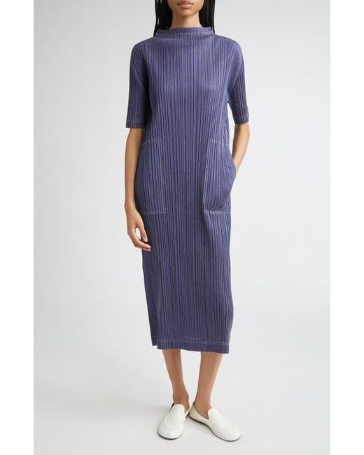 Pleats Please Issey Miyake Blue Trompe L'Oeil Pleated Midi Dress