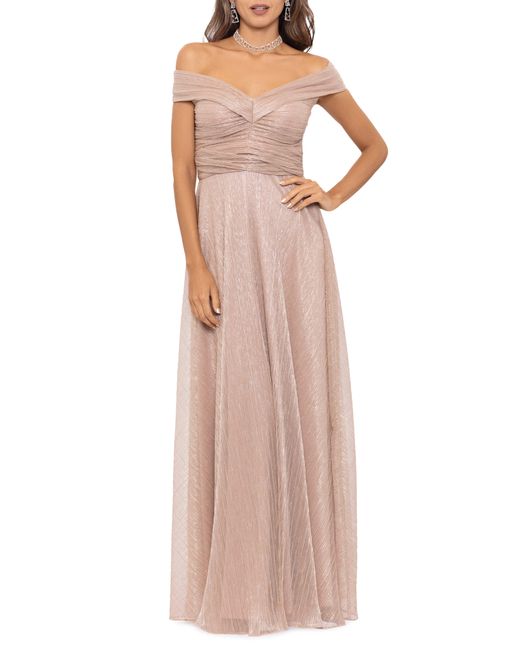 Betsy & Adam Natural Ruched Crinkle Off The Shoulder Gown