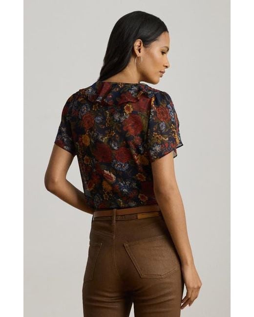 Ralph Lauren Brown Floral Ruffle Accent Top