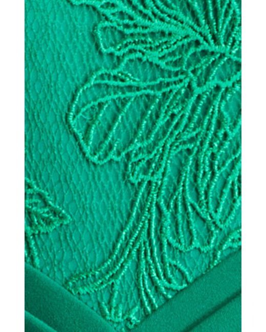 Tadashi Shoji Green Floral Embroidery Long Sleeve Mixed Media Gown