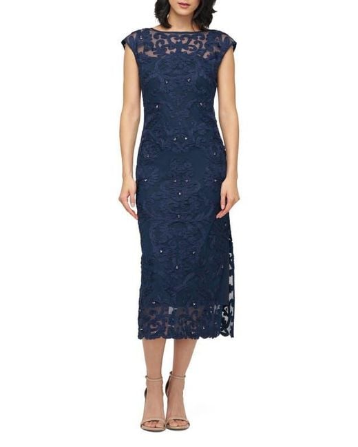 soutache embroidery sheath cocktail dress JS Collections Sheath Soutache Embroidered Shimmer Cocktail Dress Blue Size 8