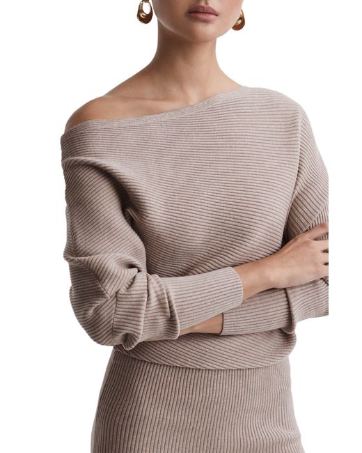 Reiss Natural One-shoulder Long Sleeve Rib Sweater Dress