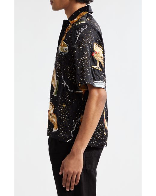 Amiri Black Champagne Sequin Embroidered Short Sleeve Silk Button-up Shirt for men