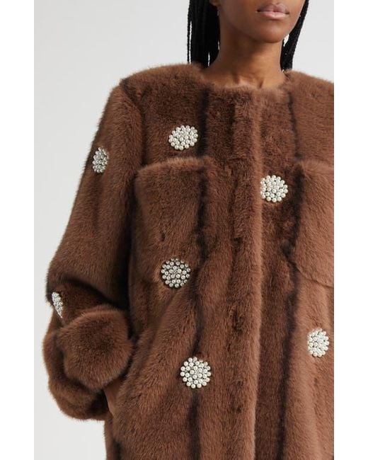 Cinq À Sept Brown Faux Pearl & Crystal Detail Faux Fur Coat