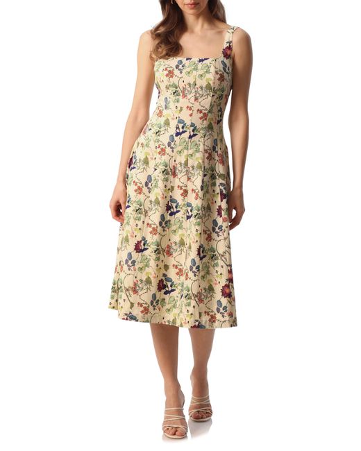 Avec Les Filles Natural Floral Linen Blend Fit & Flare Midi Dress
