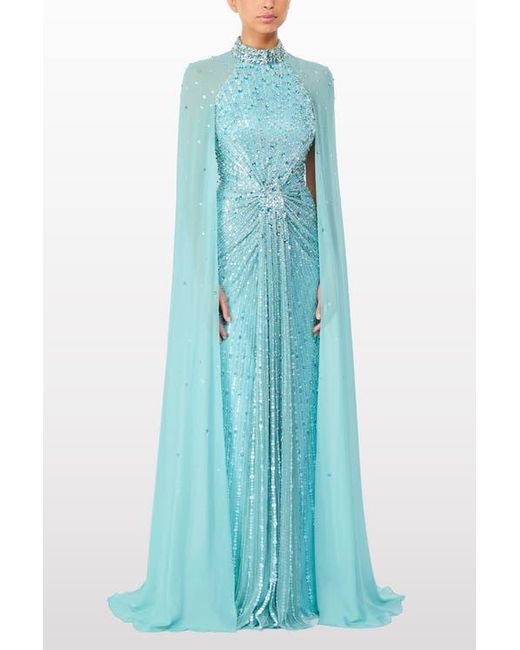 Jenny Packham Blue Thea Embellished Cape Maxi Dress