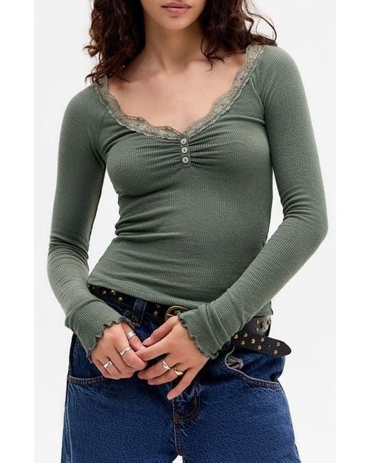 BDG Green Diana Lace Trim Crop Rib Knit Henley