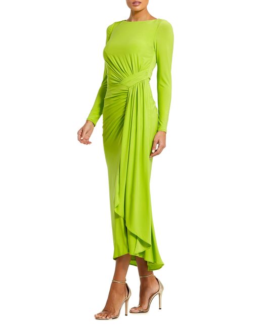 Mac Duggal Green Side Ruched Long Sleeve Gown