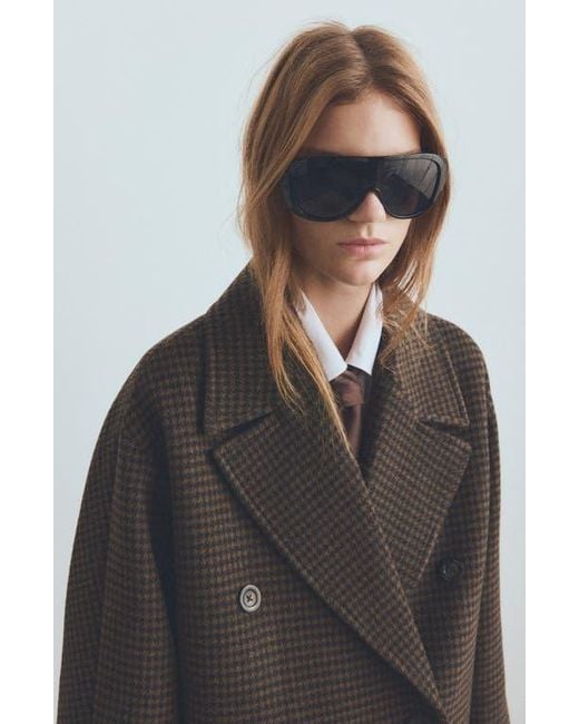 Mango Brown Micro Houndstooth Wool Blend Double Breasted Coat