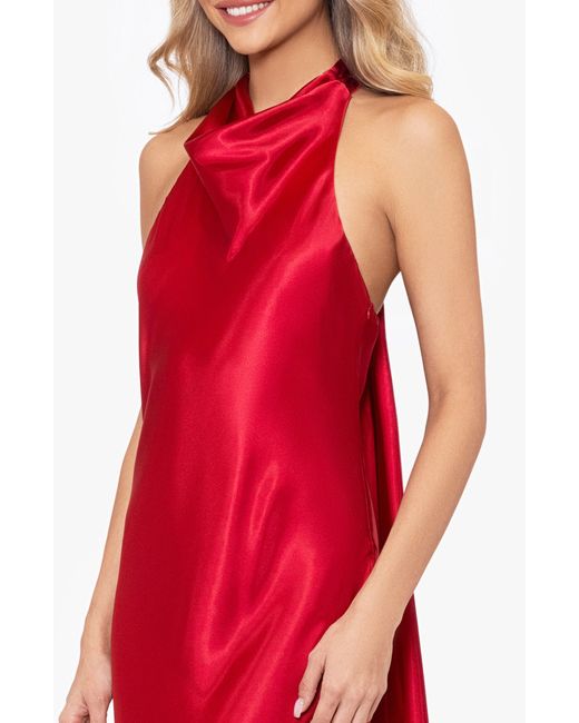 Betsy & Adam Red Halter Charmeuse Gown