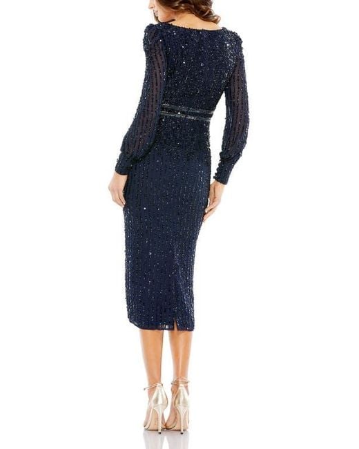 Mac Duggal Blue V-Neck Sequined Overlay Gown With Long Bishop Sleeves And Embellished Waist