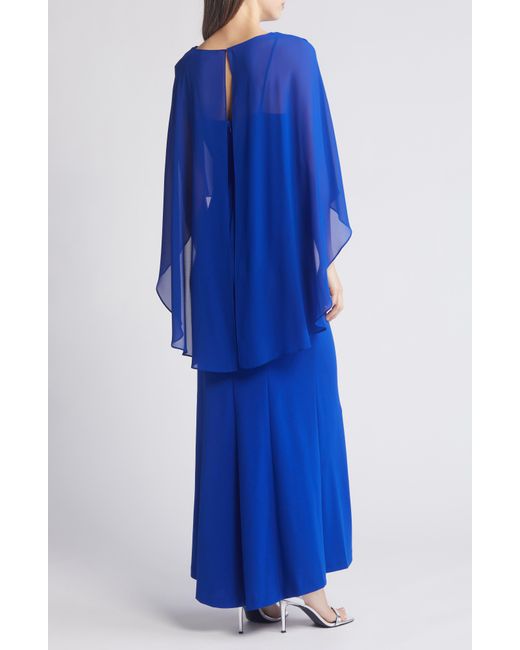 Marina Blue Rhinestone Trim Gown With Capelet
