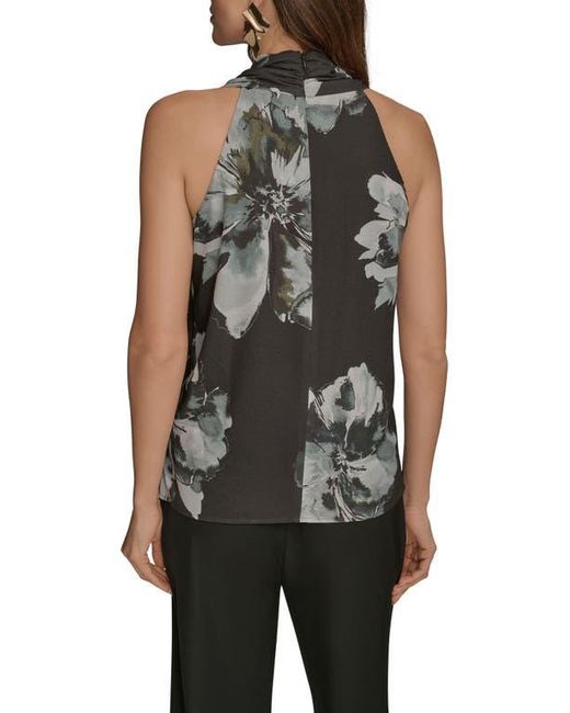 Donna Karan Black Print Side Drape Sleeveless Top