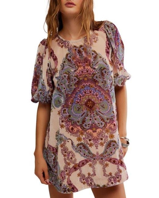 Free People Multicolor Maye Print Puff Sleeve Velvet Tunic Top