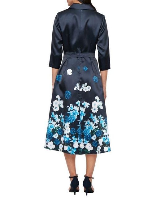 Alex Evenings Blue Placement Print Faux Wrap Mikado Cocktail Dress