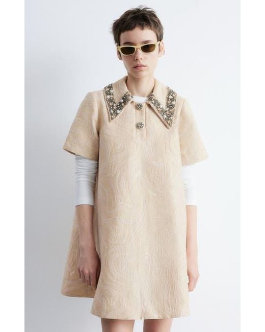 & Other Stories Natural Faux Pearl & Rhinestone Detail Metallic Jacquard Minidress