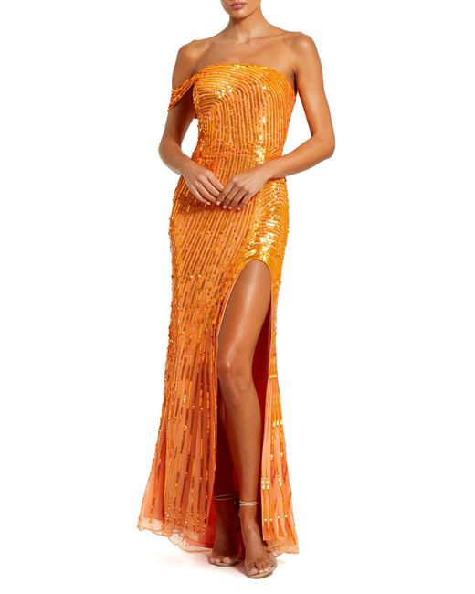 Mac Duggal Orange One-shoulder Sequin Mesh Gown