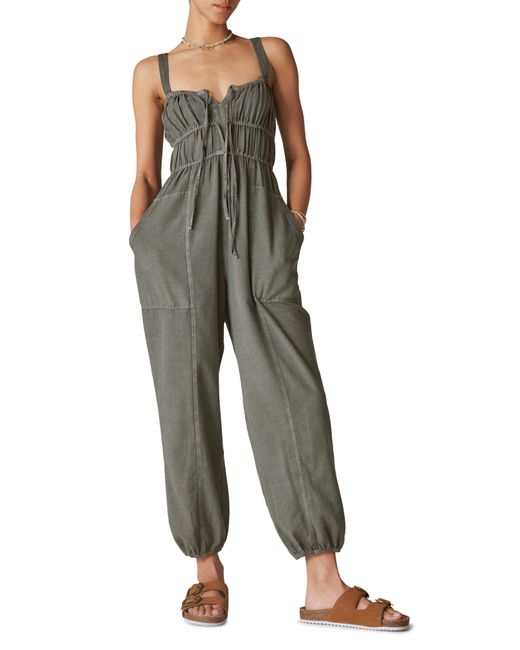 Lucky Brand Green Shirred Cotton & Linen Utility Jumpsuit