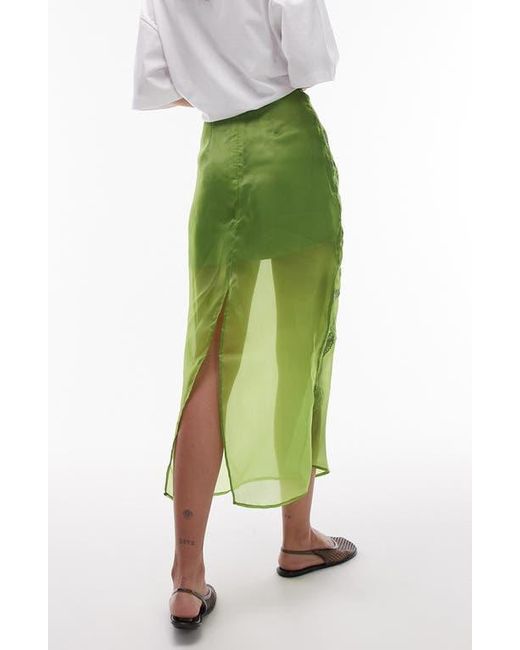 TOPSHOP Green Embroidered Cotton Organza Midi Skirt