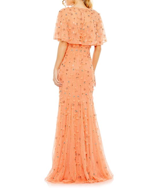 Mac Duggal Orange Beaded Floral Appliqué Tulle Capelet Gown