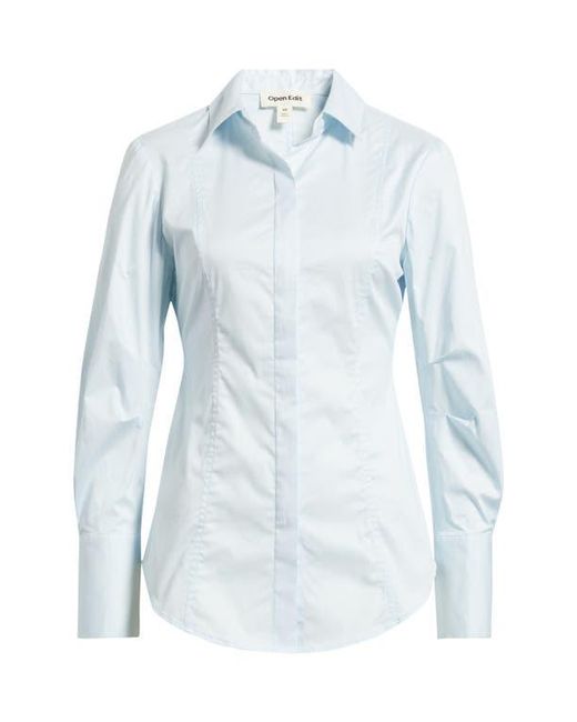 Open Edit Blue Seam Detail Split Back Stretch Cotton Poplin Shirt
