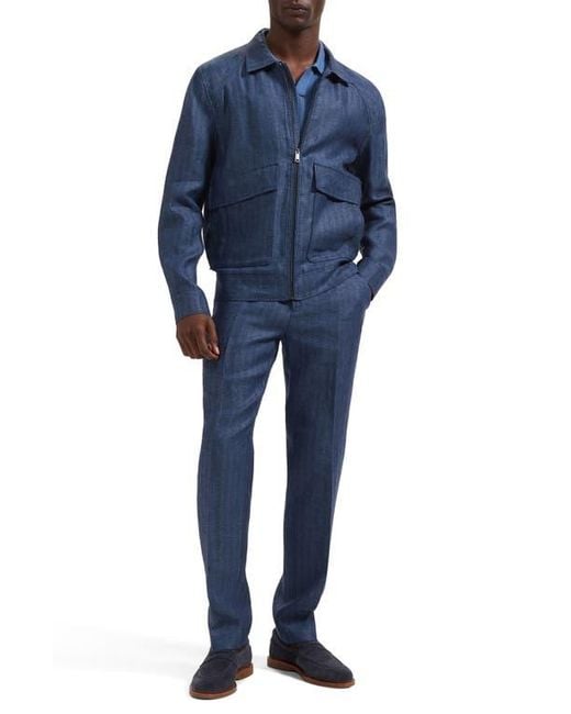 Bugatchi Blue Linen Bomber Jacket for men