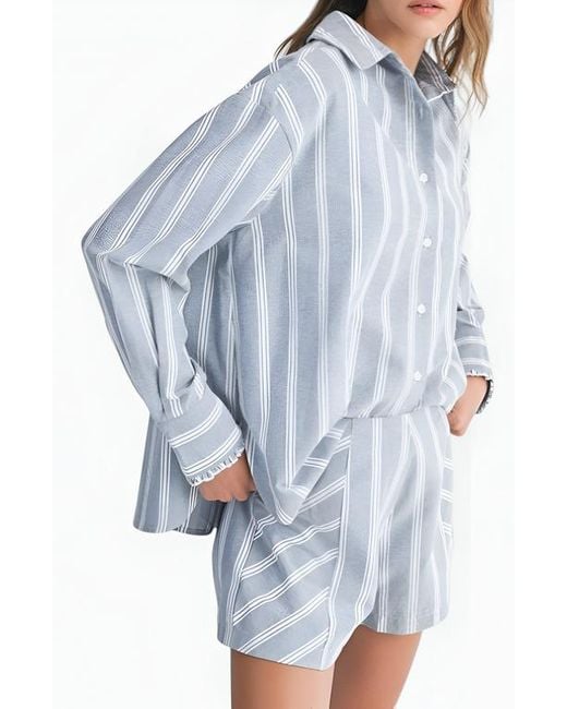 Modenaire Blue Striped Button-Up Shirt And High-Waist Shorts Set With Relaxed Fit