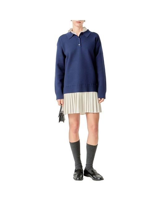 English Factory Long Sleeve Mixed Media Polo Minidress in Blue | Lyst