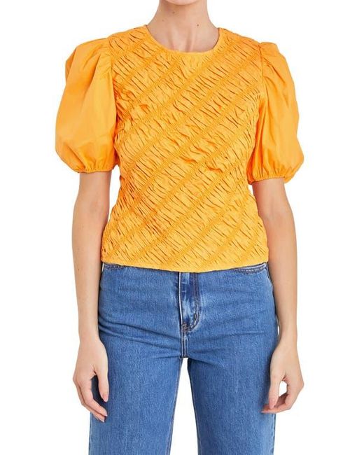 English Factory Blue Asymmetric Shirred Puff Sleeve Top