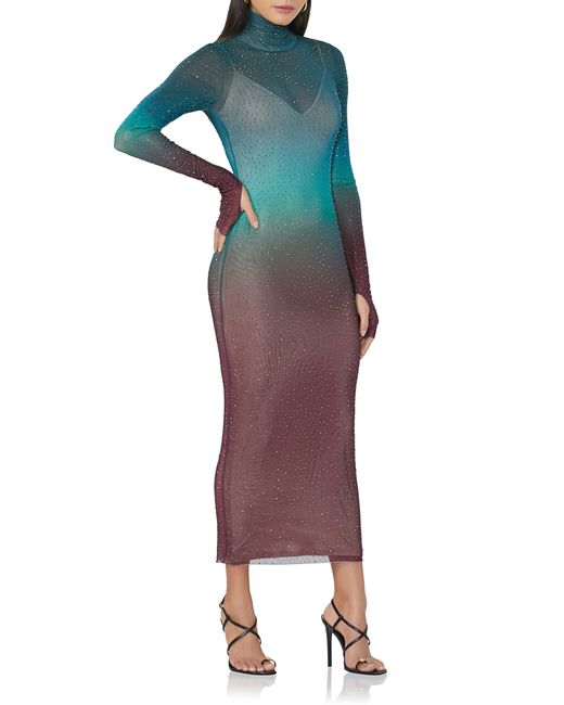 AFRM Blue Shailene Rhinestone Long Sleeve Sheer Dress