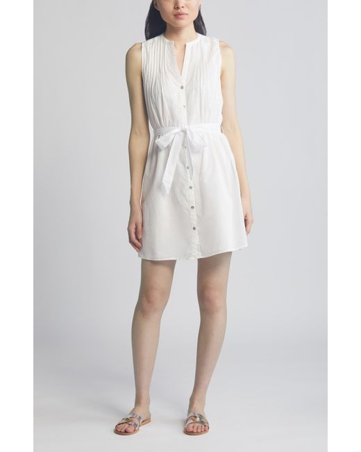 Bella Dahl White Pintuck Detail Sleeveless Cotton Shirtdress