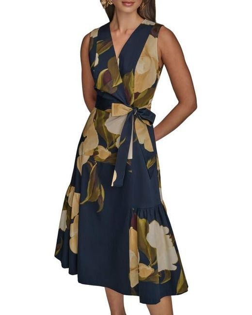 Donna Karan Blue Sleeveless Faux Wrap Midi Dress
