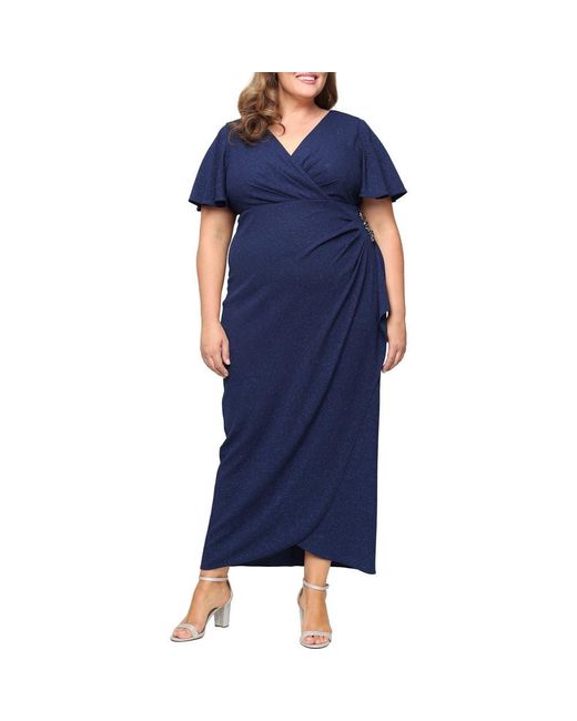 Sl Fashions Blue Sparkle Crystal Embellished Faux Wrap Gown